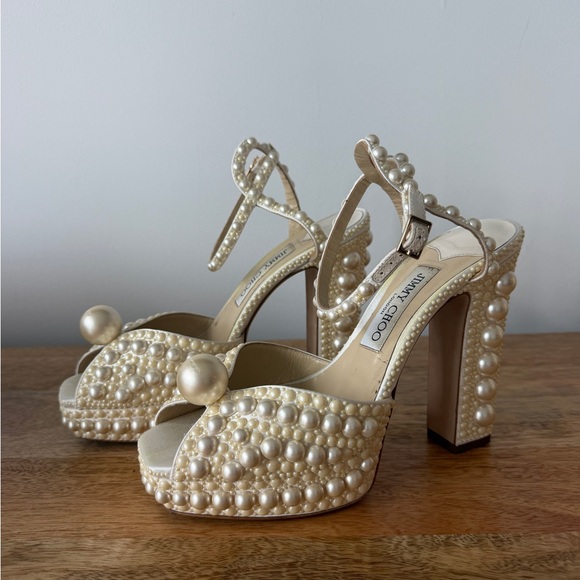 Jimmy Choo Shoes - Jimmy Choo Sacaria Platform 120: Pearl-Studded Ivory Heels